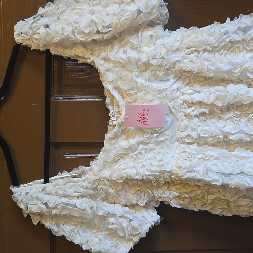 Le Lis-Cream baby doll short puff sleeved net dress with fabric pieces Sz M NWT. - Picture 3 of 7